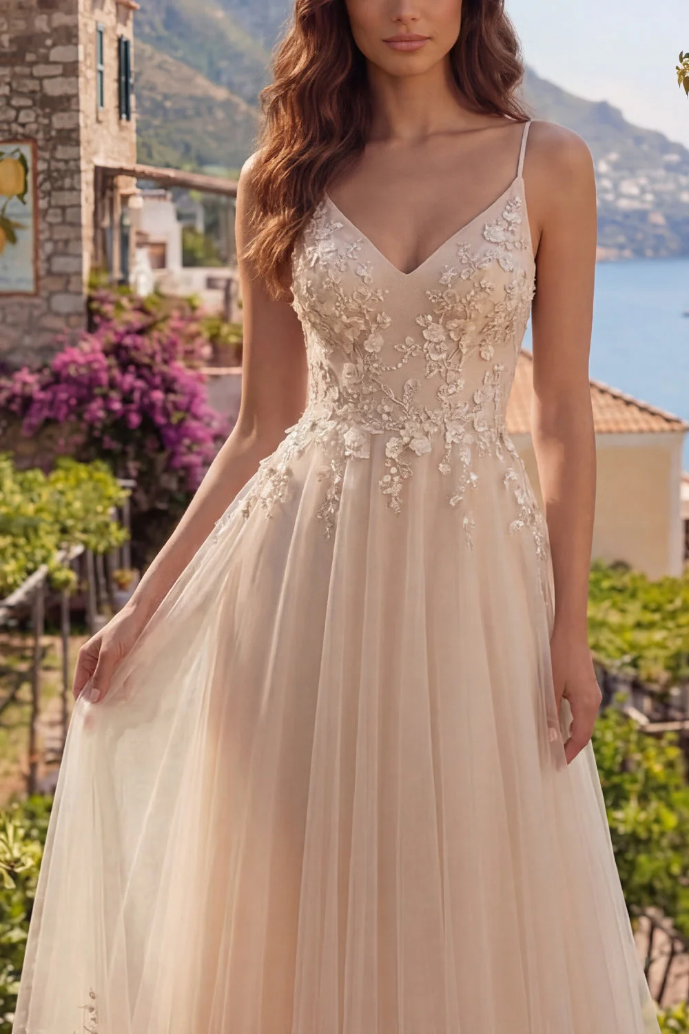 Robe longue de bal longue en tulle en ligne A en champagne avec appliqués - Image 3