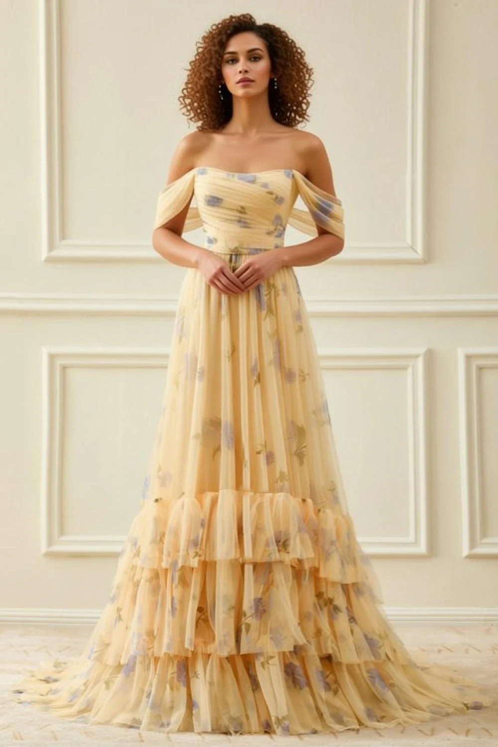 Robe longue de bal longue en tulle jaune à fleurs en ligne décalée avec volants