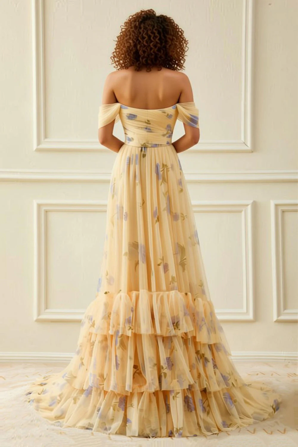 Robe longue de bal longue en tulle jaune à fleurs en ligne décalée avec volants - Image 2