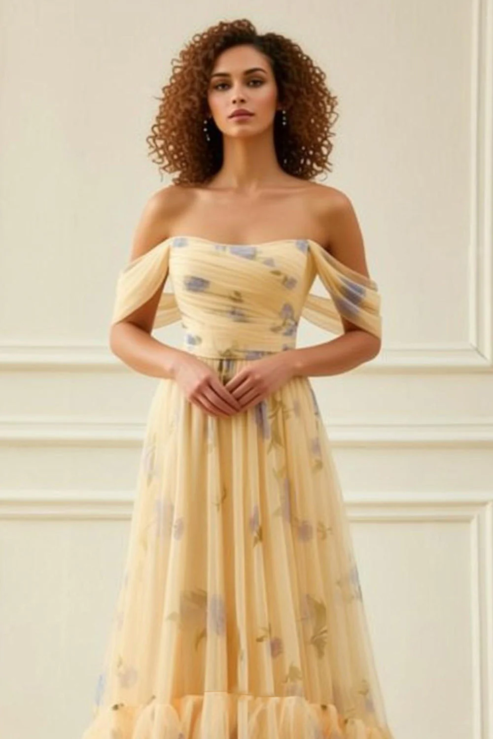 Robe longue de bal longue en tulle jaune à fleurs en ligne décalée avec volants - Image 3