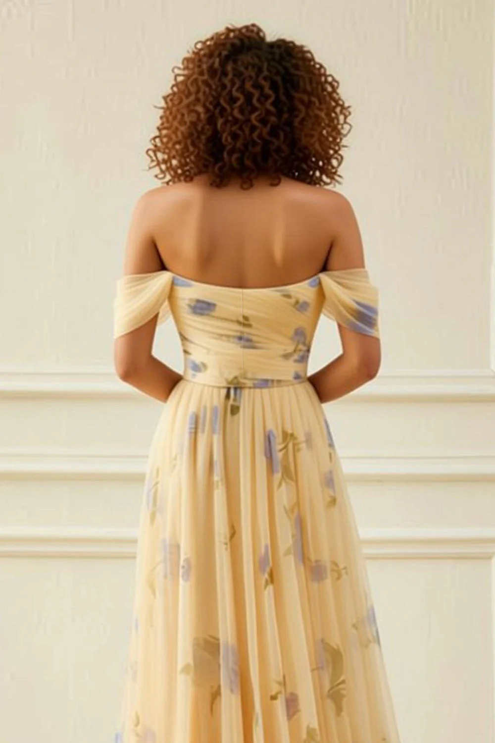 Robe longue de bal longue en tulle jaune à fleurs en ligne décalée avec volants - Image 4