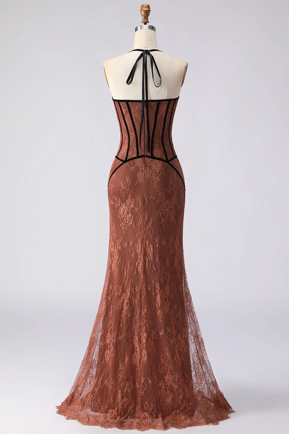 Robe longue de bal marron sirène en halter avec dentelle - Image 2