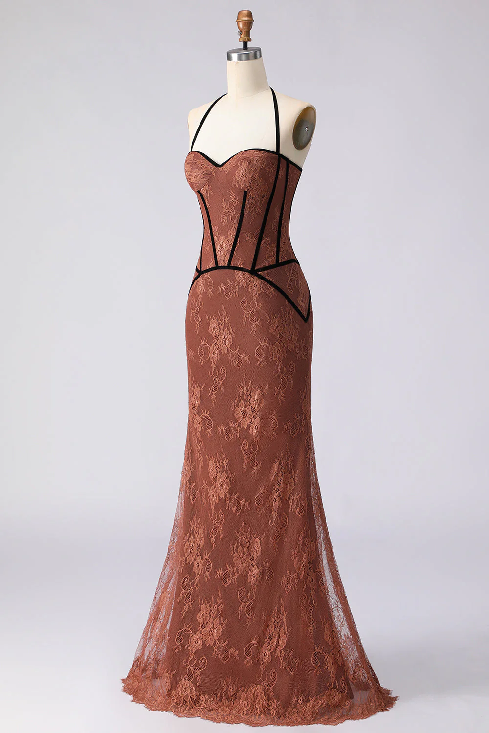 Robe longue de bal marron sirène en halter avec dentelle - Image 3
