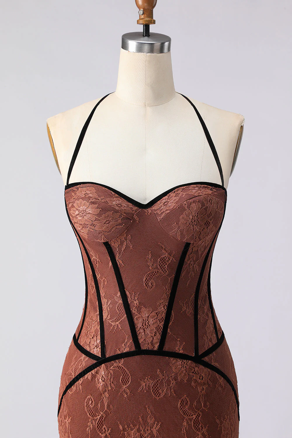 Robe longue de bal marron sirène en halter avec dentelle - Image 4