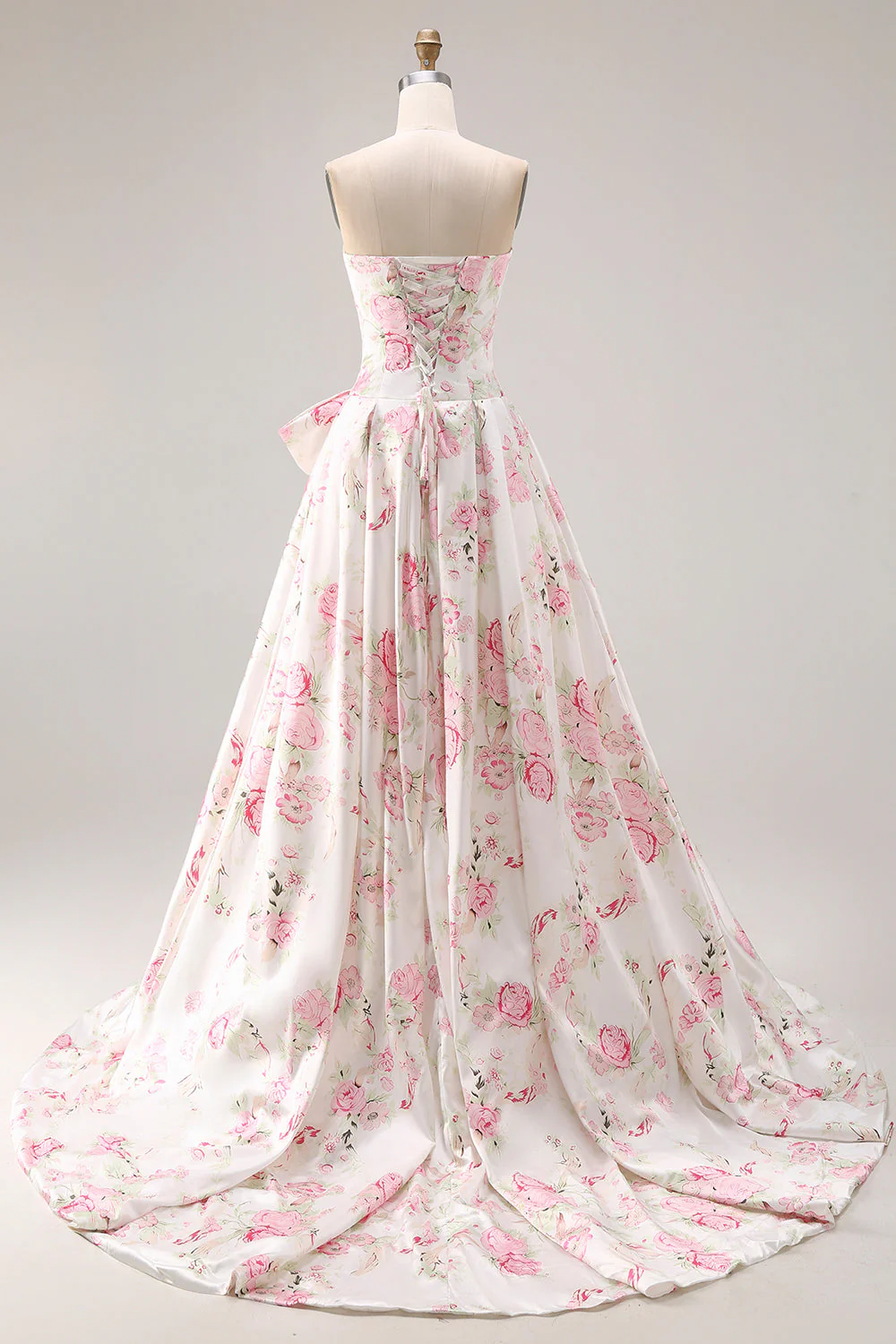 Robe longue de bal noire rose sans bretelles à motifs floraux avec nœud - Image 12