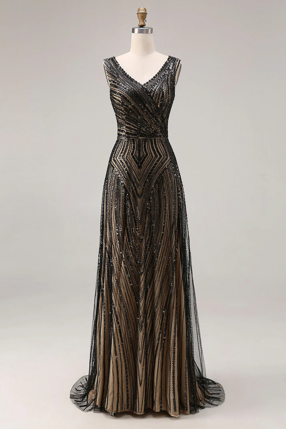 Robe de soirée longue noire scintillante col V perlée et pailletée