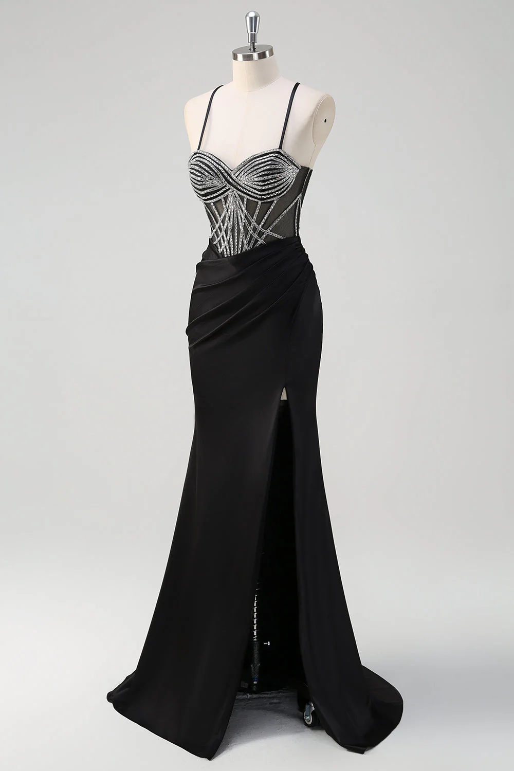 Robe longue de bal perlée à col licou sirène noire scintillante avec fente - Image 3