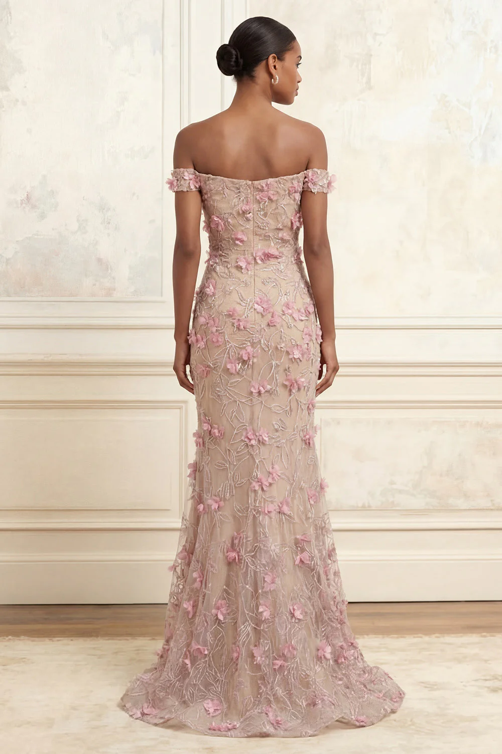 Robe longue de bal rose sirène rose à épaules dénudée avec des fleurs 3D - Image 2