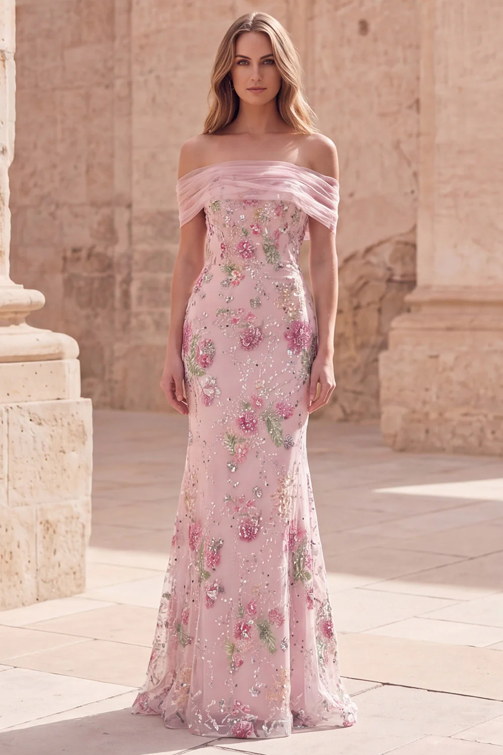 Robe longue de bal rose sirène rose à fleurs dénudée avec perles