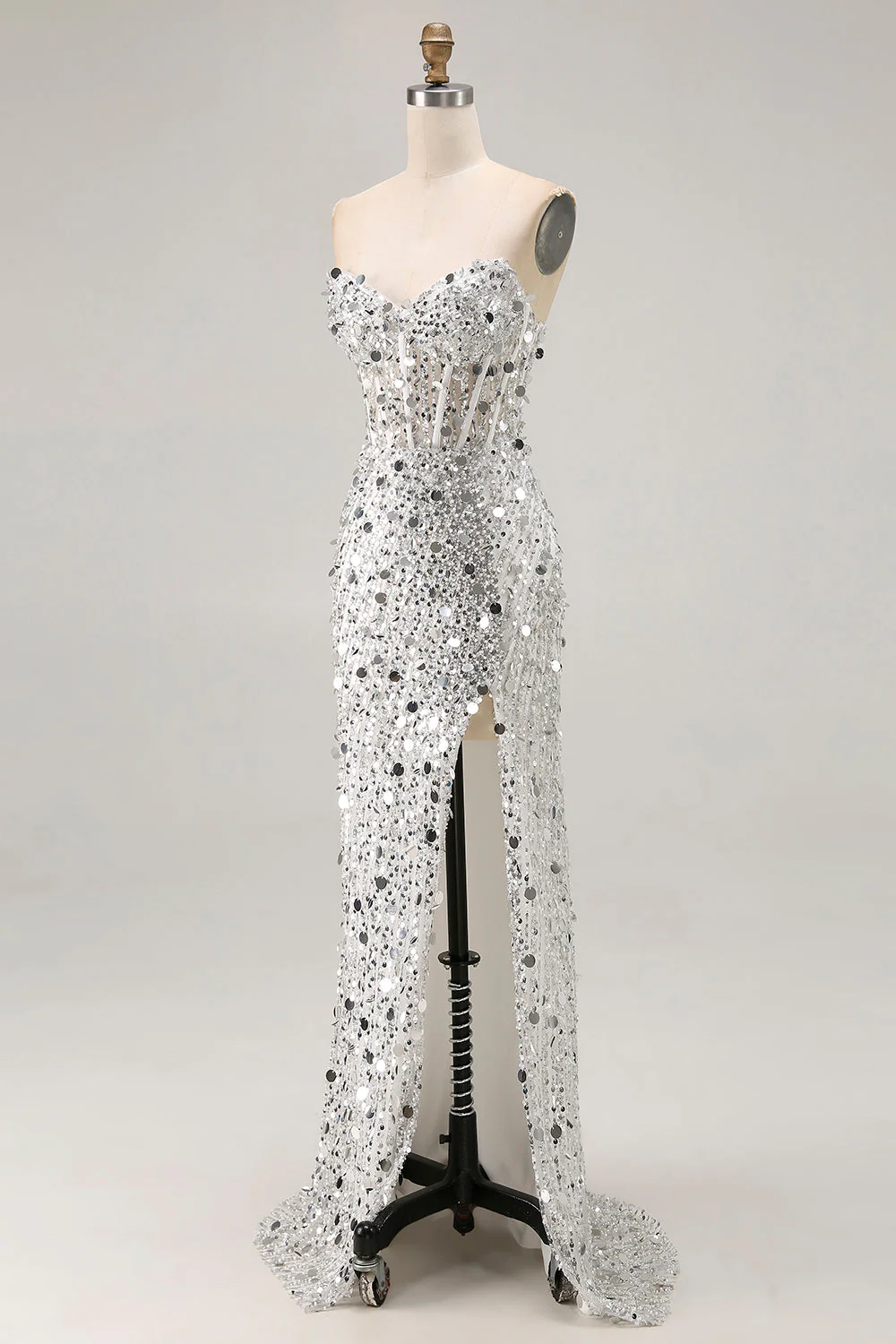 Robe de soirée dorée scintillante sans bretelles avec fente - Image 17