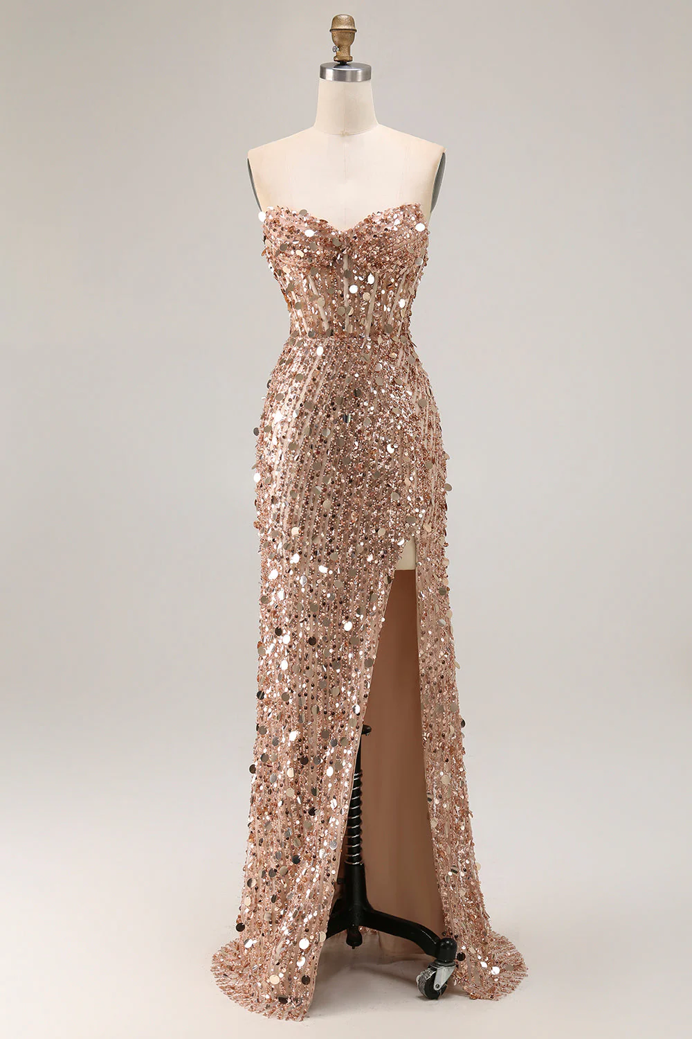 Robe de soirée dorée scintillante sans bretelles avec fente - Image 9