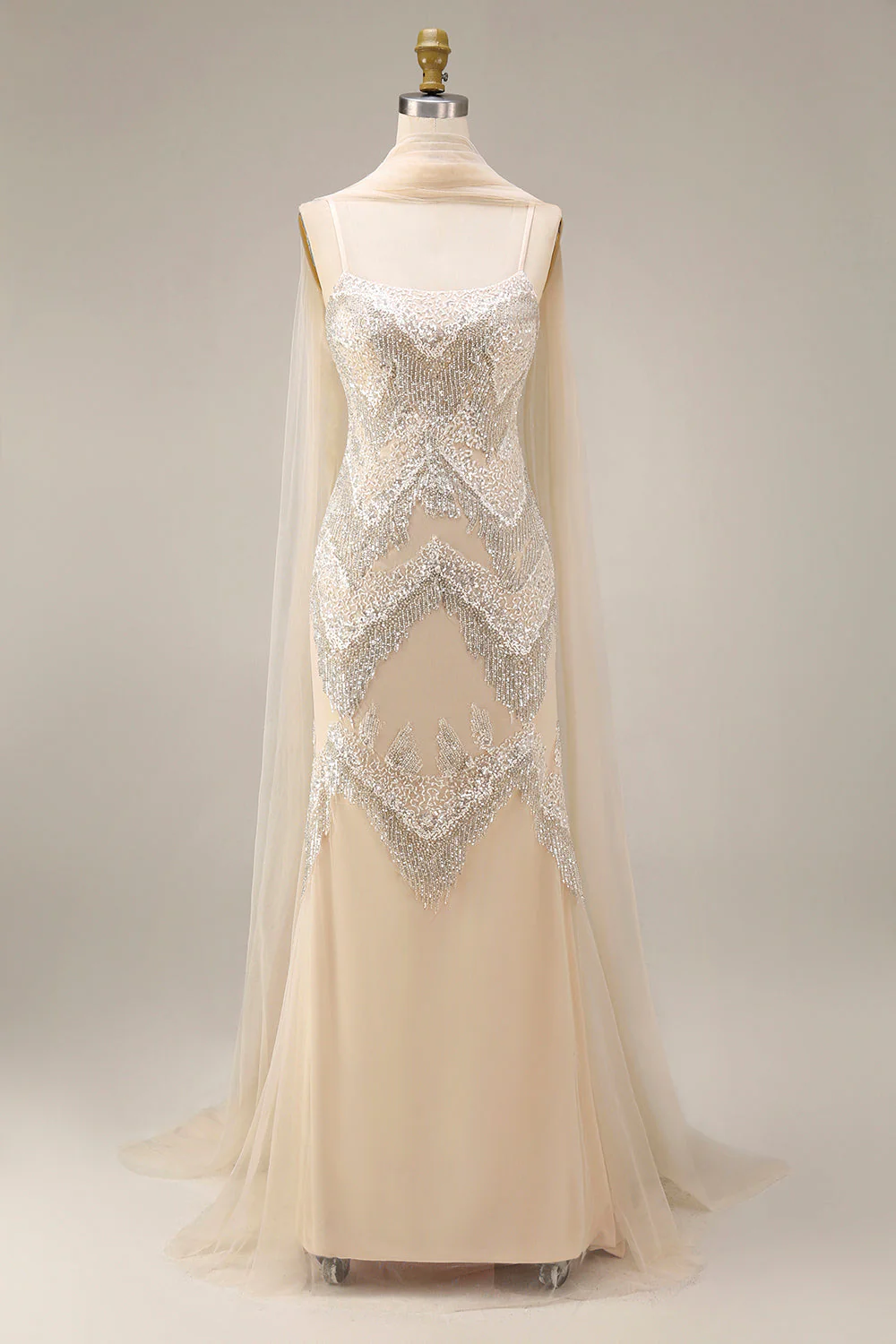 Robe longue de bal scintillante en abricot perlée de sirènes avec cape