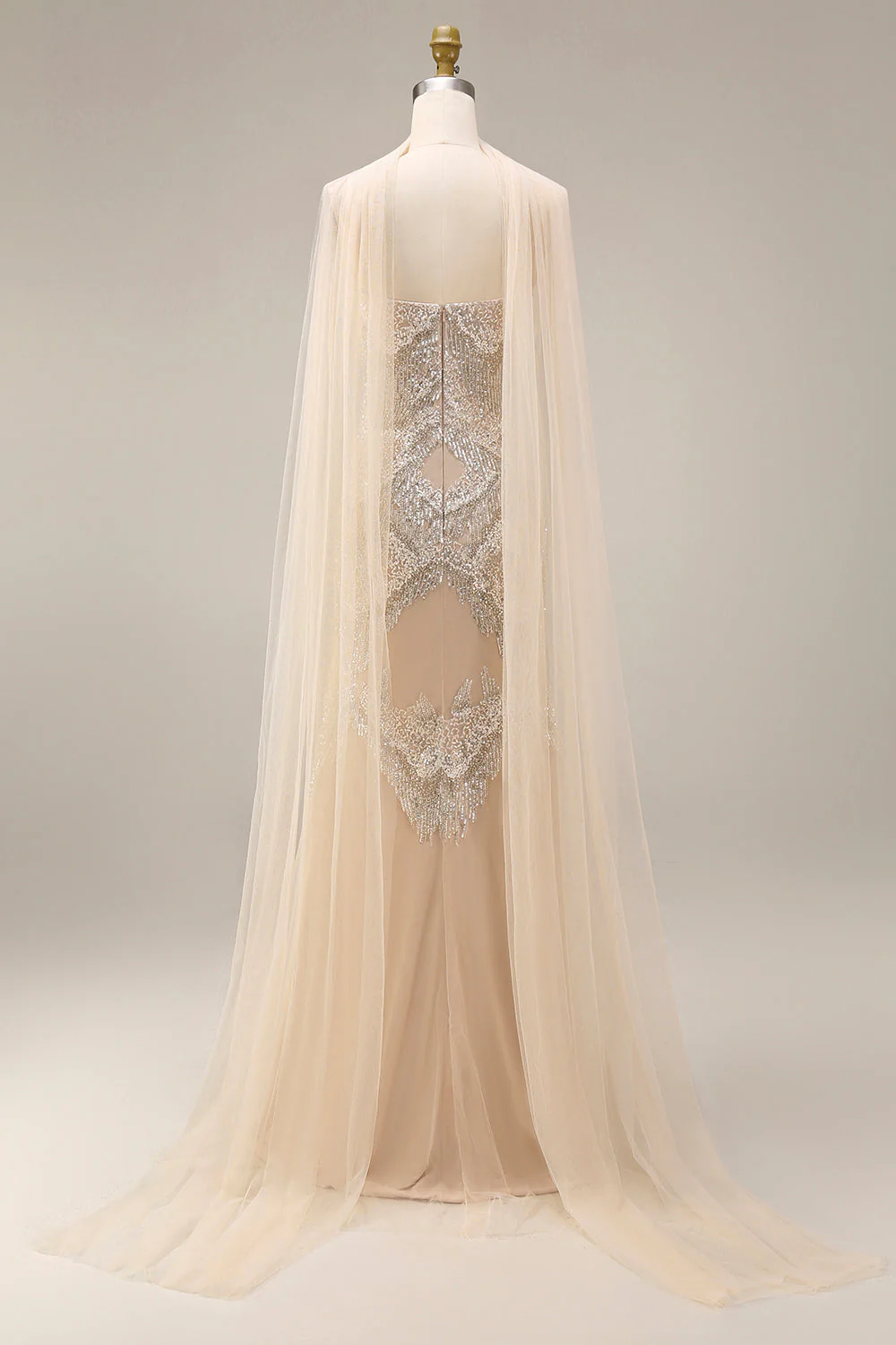 Robe longue de bal scintillante en abricot perlée de sirènes avec cape - Image 2