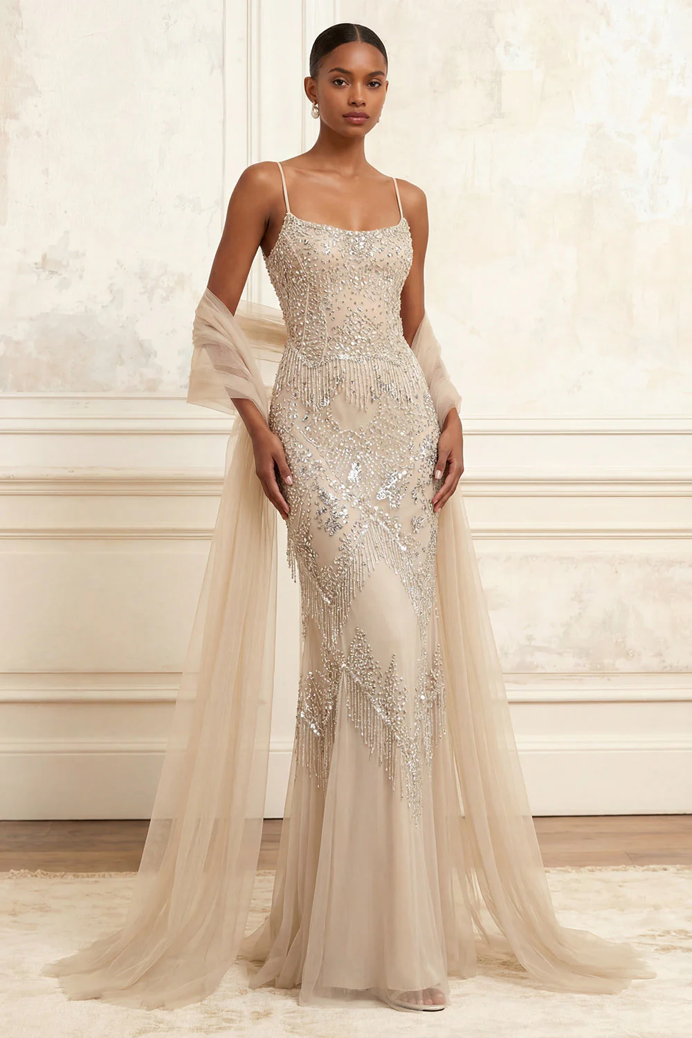 Robe longue de bal scintillante en abricot perlée de sirènes avec cape - Image 3