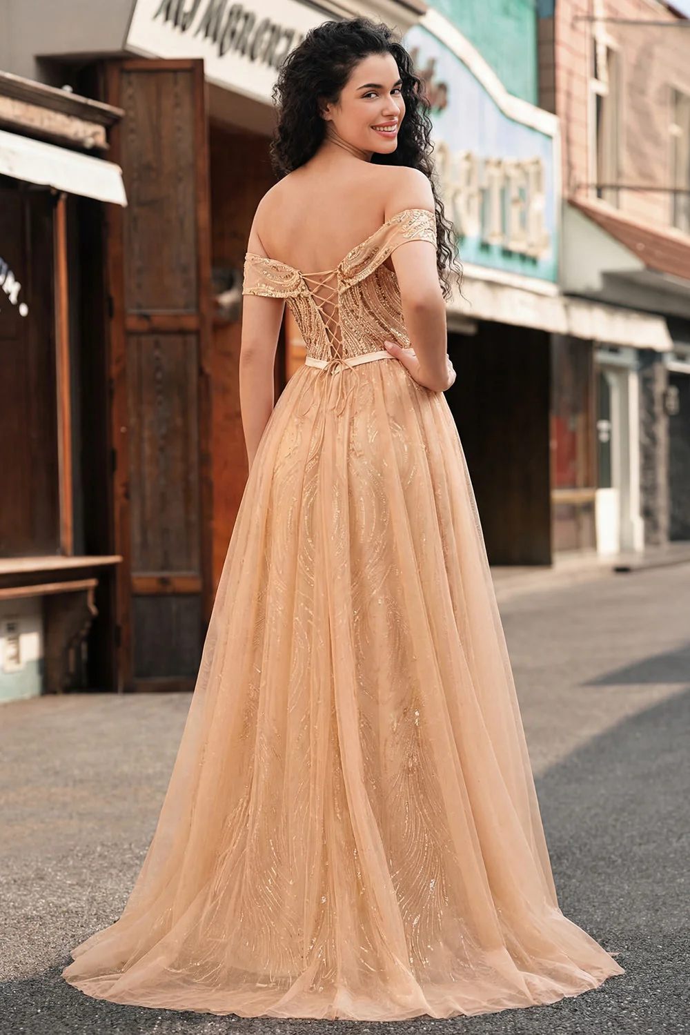 Robe longue de bal sirène à paillettes au champagne - Image 2