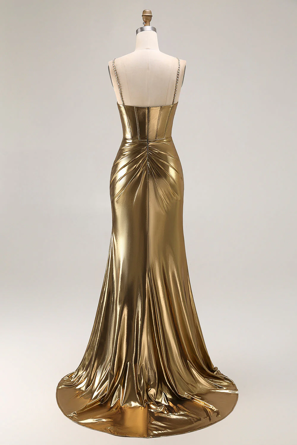 Robe de soirée sirène corset perlé doré métallisé avec fente - Image 2