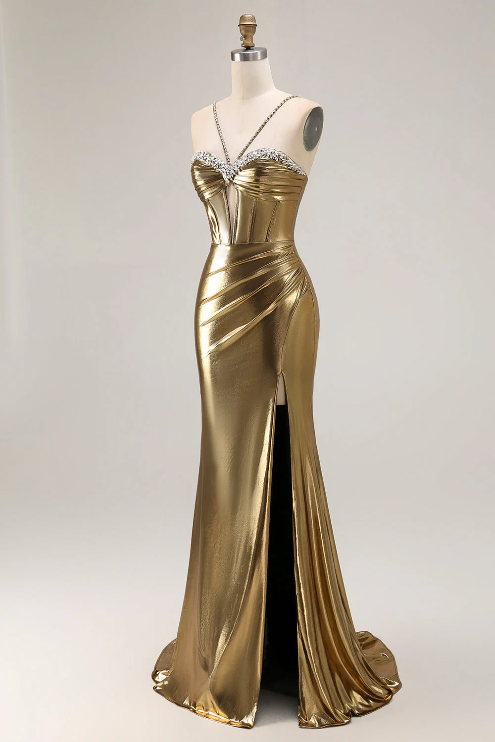 Robe de soirée sirène corset perlé doré métallisé avec fente - Image 5