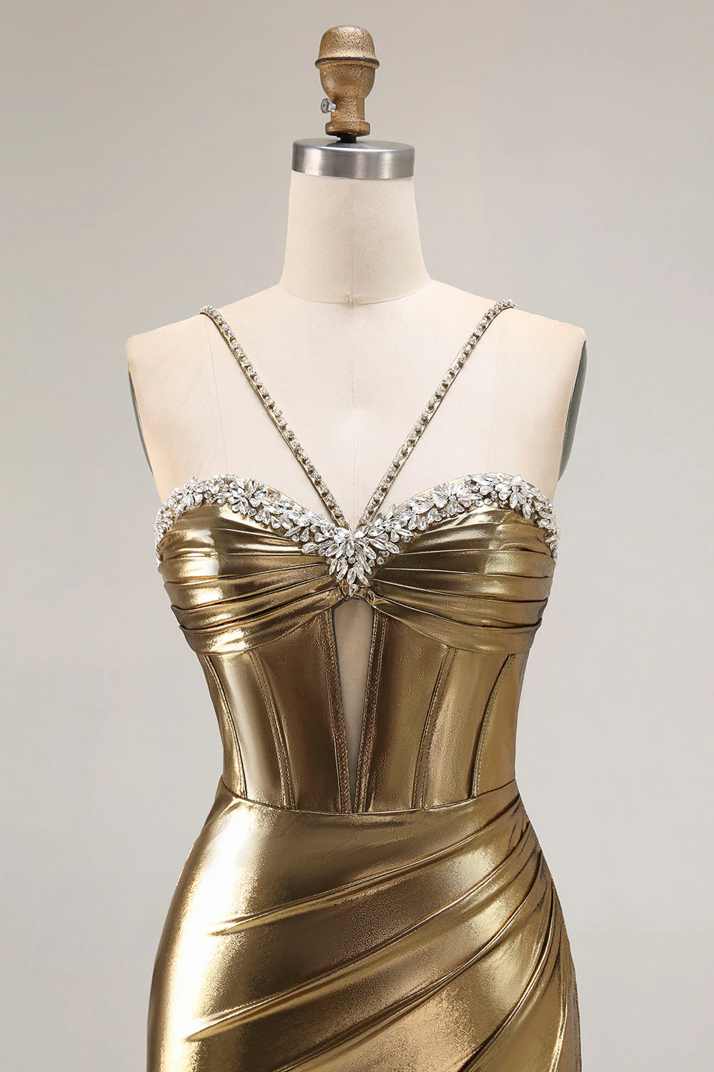 Robe de soirée sirène corset perlé doré métallisé avec fente - Image 6