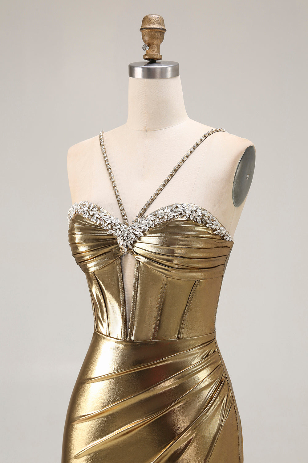 Robe de soirée sirène corset perlé doré métallisé avec fente - Image 8