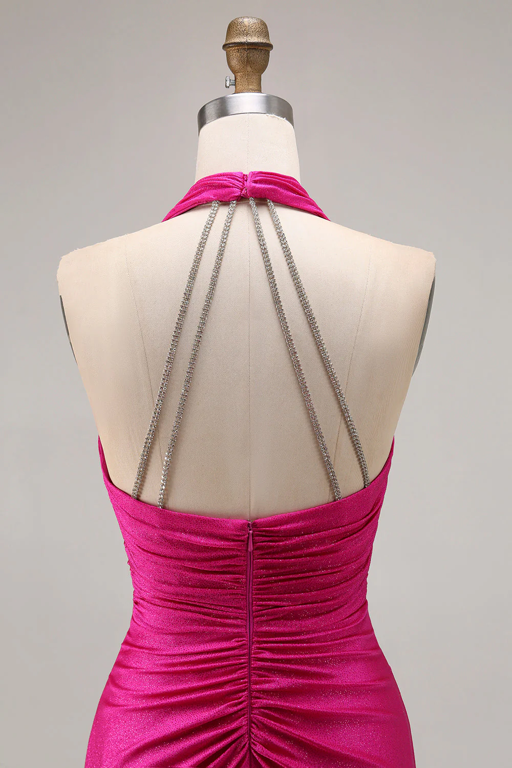Robe de soirée longue sirène froncée dos nu fuchsia avec fente - Image 6