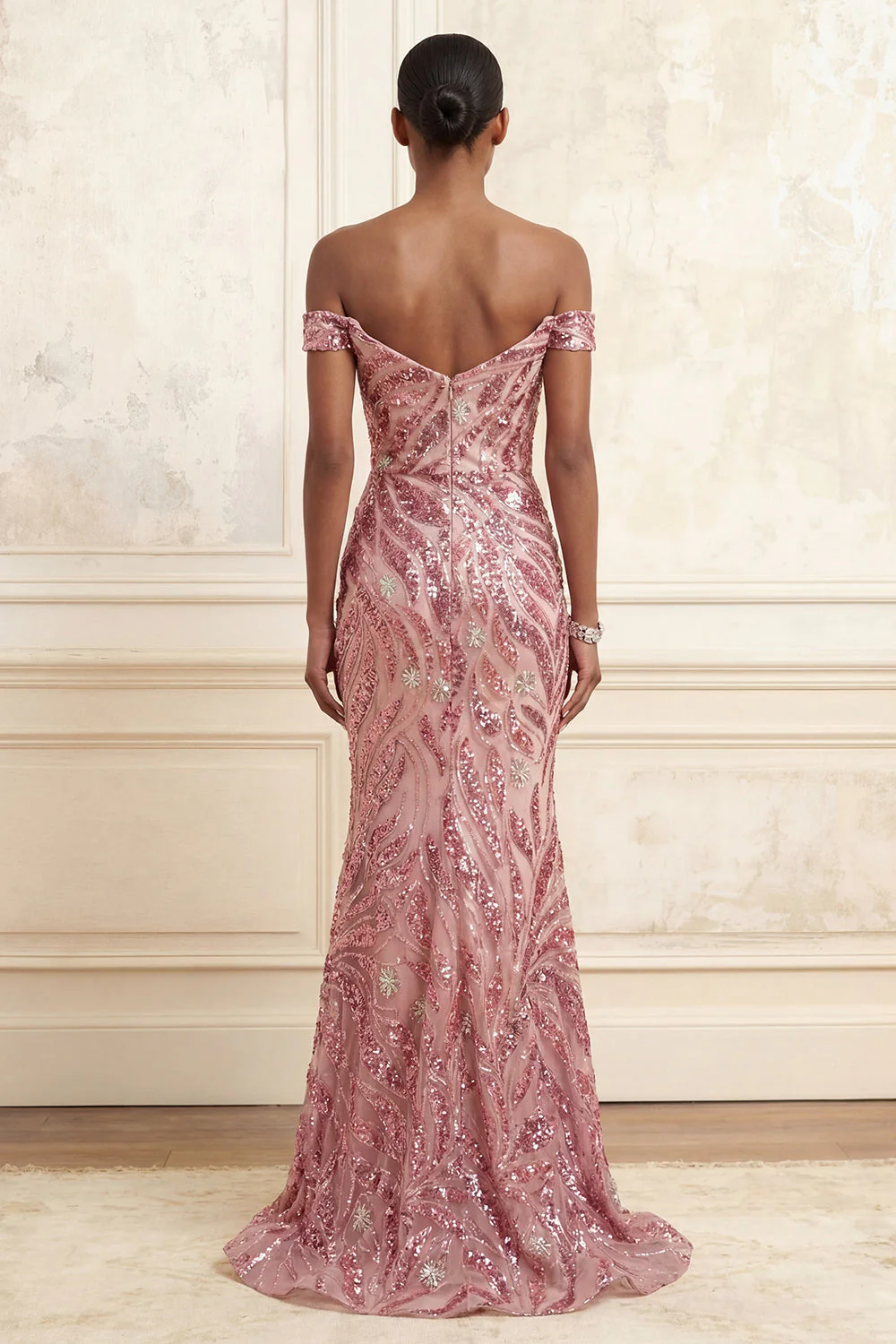 robe longue de bal sirène rose paillettante à épaules dénudées, paillettes - Image 2