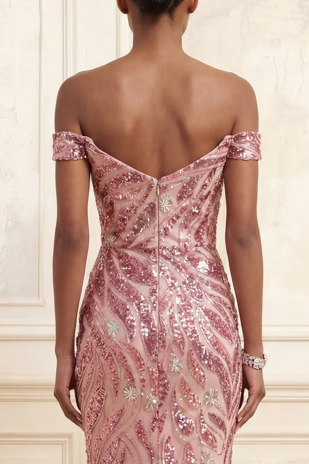 robe longue de bal sirène rose paillettante à épaules dénudées, paillettes - Image 4