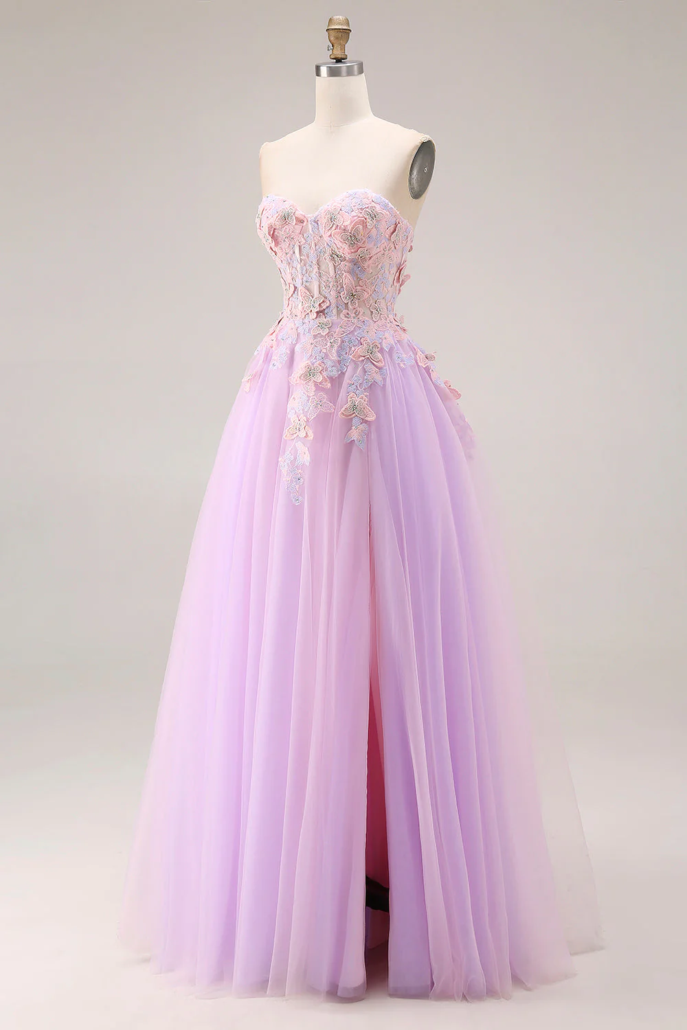 Robe longue de bal Sweetheart Lilas Tulle A-Line Appliquée avec fente - Image 3