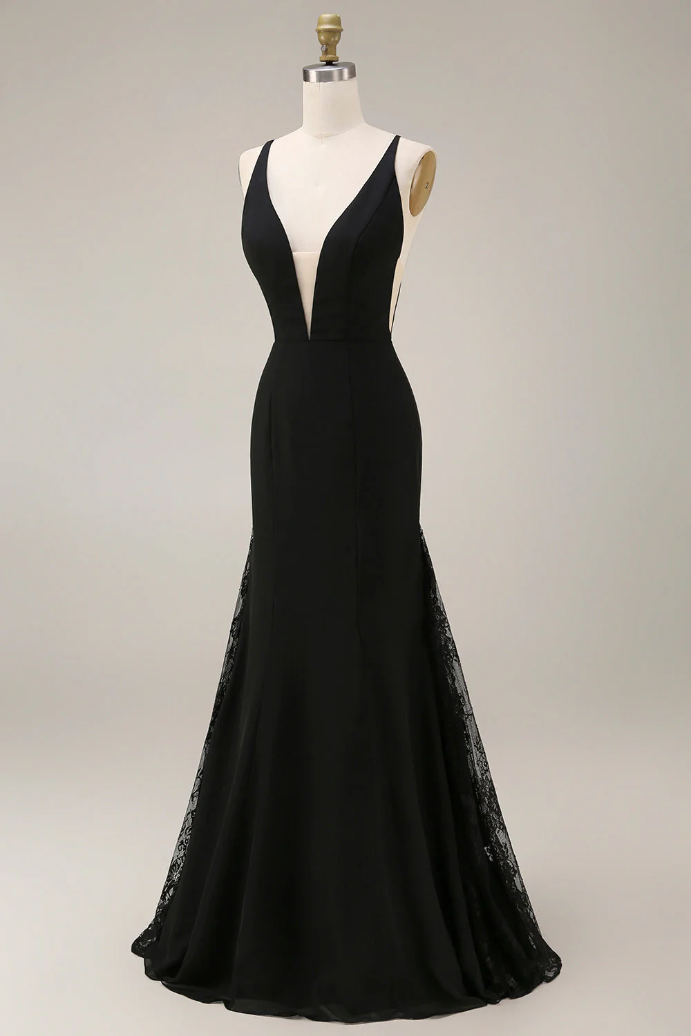Robe longue de cérémonie en satin satin noir avec dentelle - Image 3