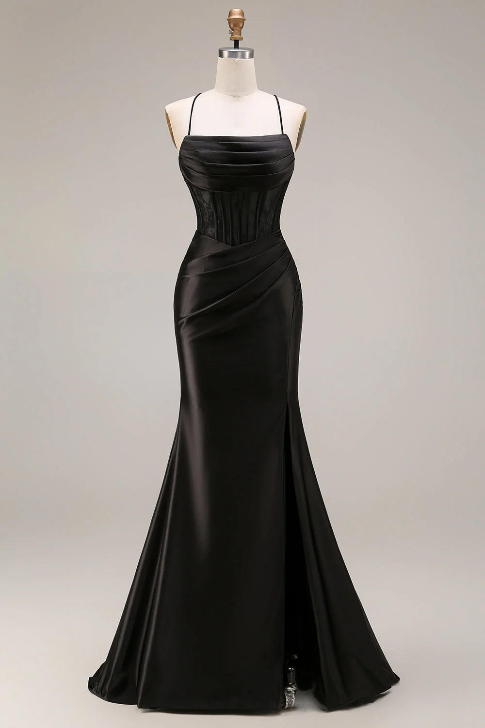 Robe longue de cérémonie sirène à bretelles fines en satin noir avec fente
