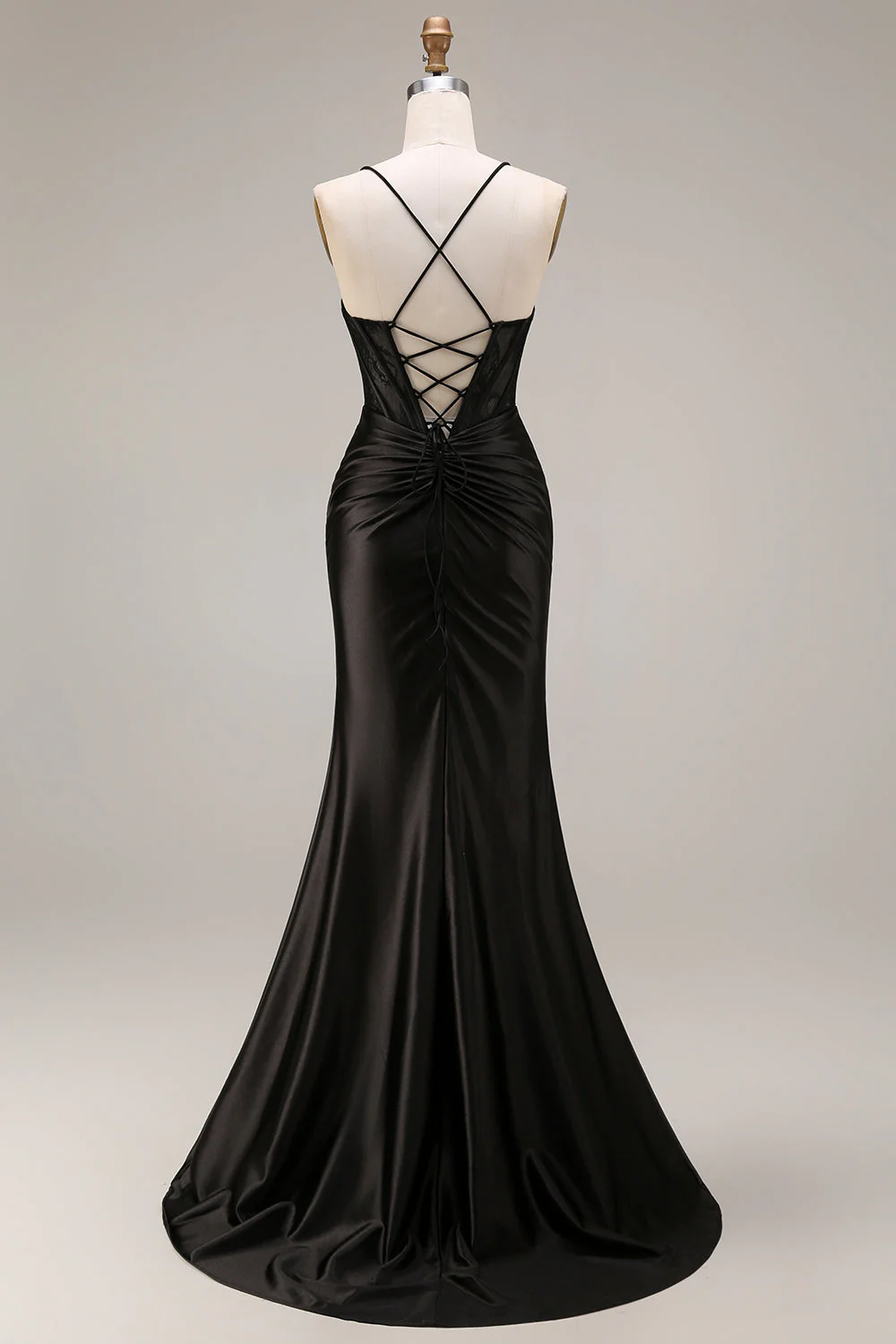 Robe longue de cérémonie sirène à bretelles fines en satin noir avec fente - Image 2