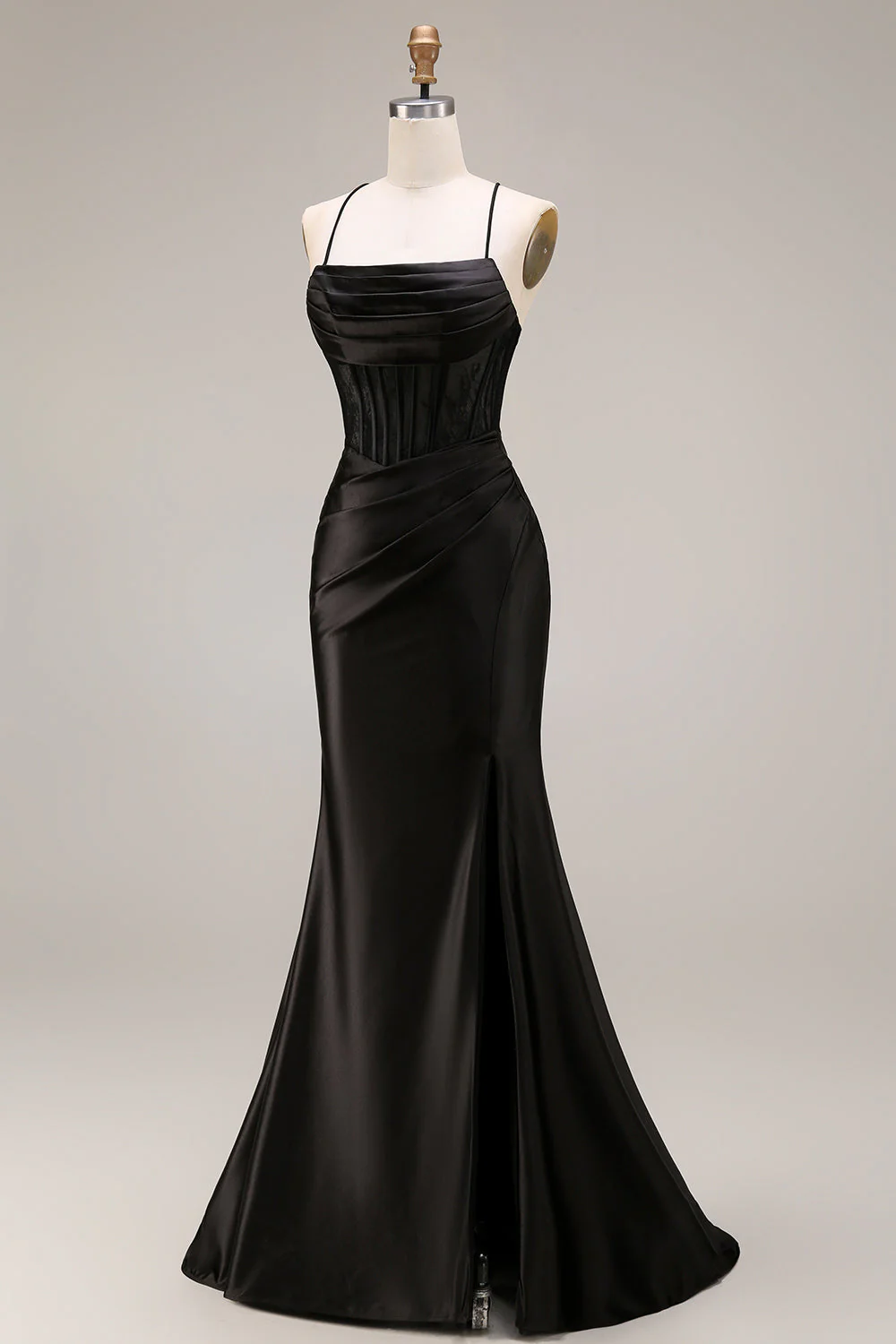 Robe longue de cérémonie sirène à bretelles fines en satin noir avec fente - Image 3