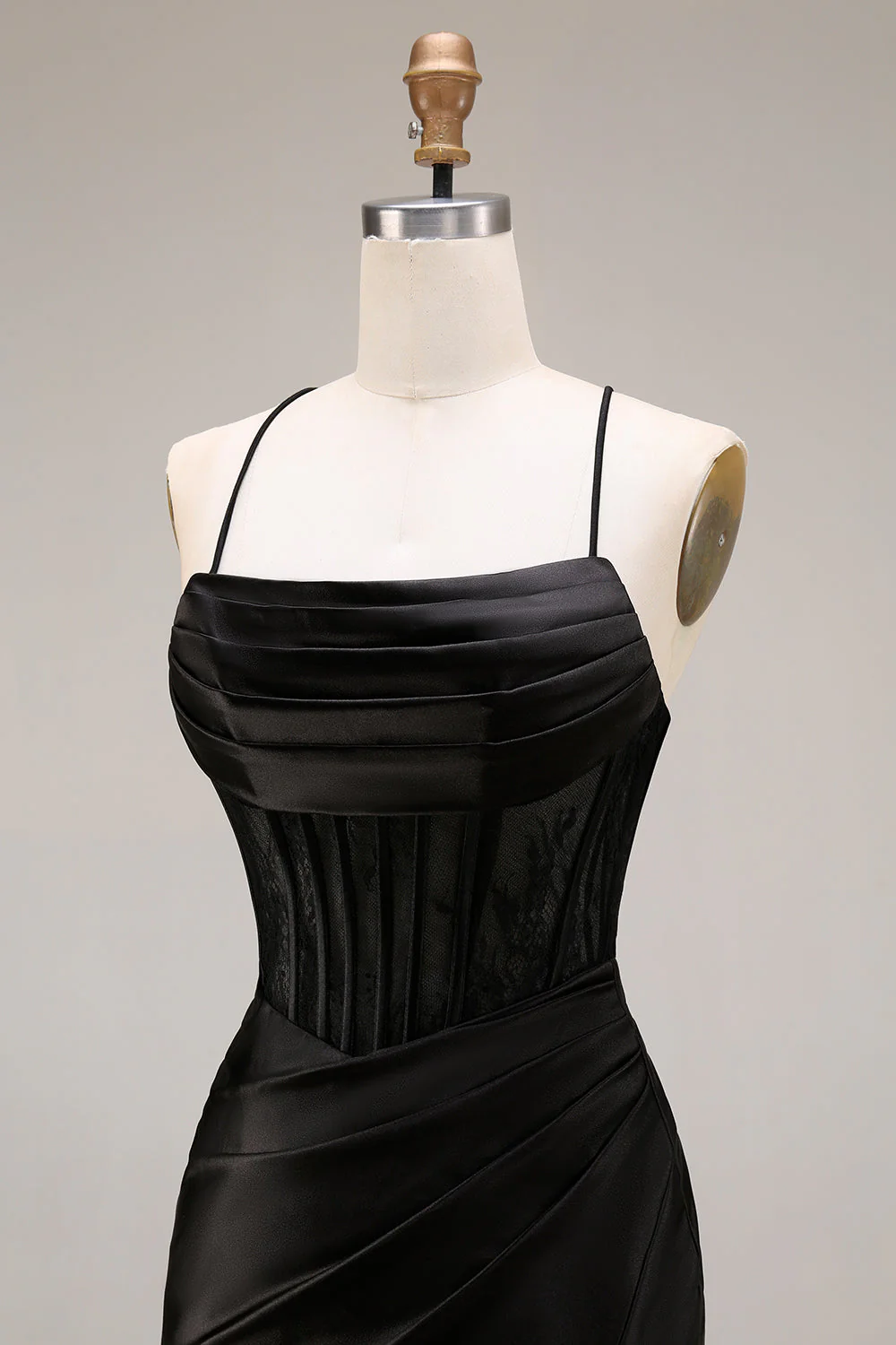 Robe longue de cérémonie sirène à bretelles fines en satin noir avec fente - Image 6