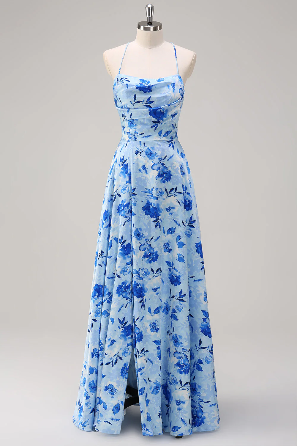 Robe longue de demoiselle d’honneur à bretelles spaghetti florales bleues A-ligne avec fente