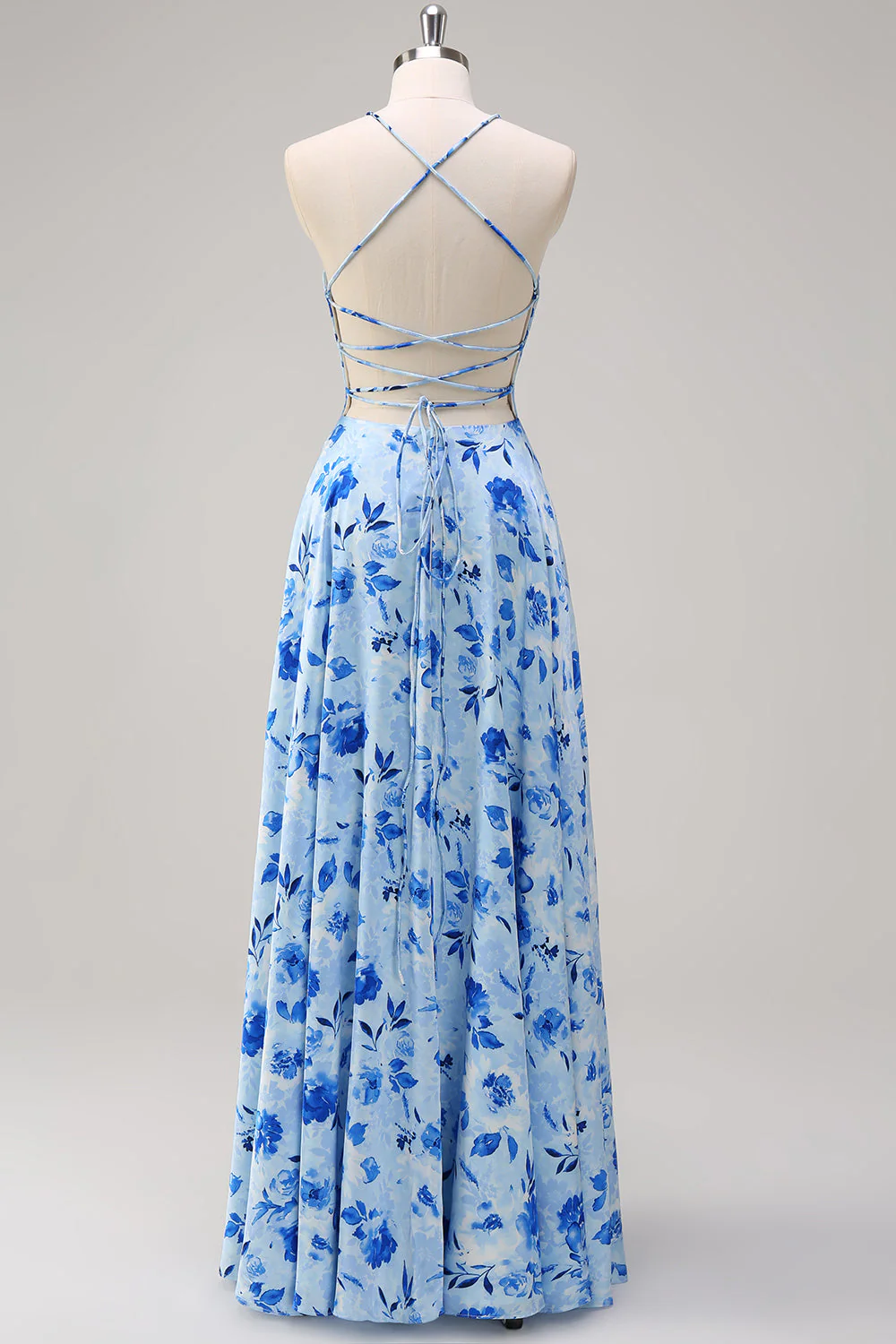 Robe longue de demoiselle d’honneur à bretelles spaghetti florales bleues A-ligne avec fente - Image 2