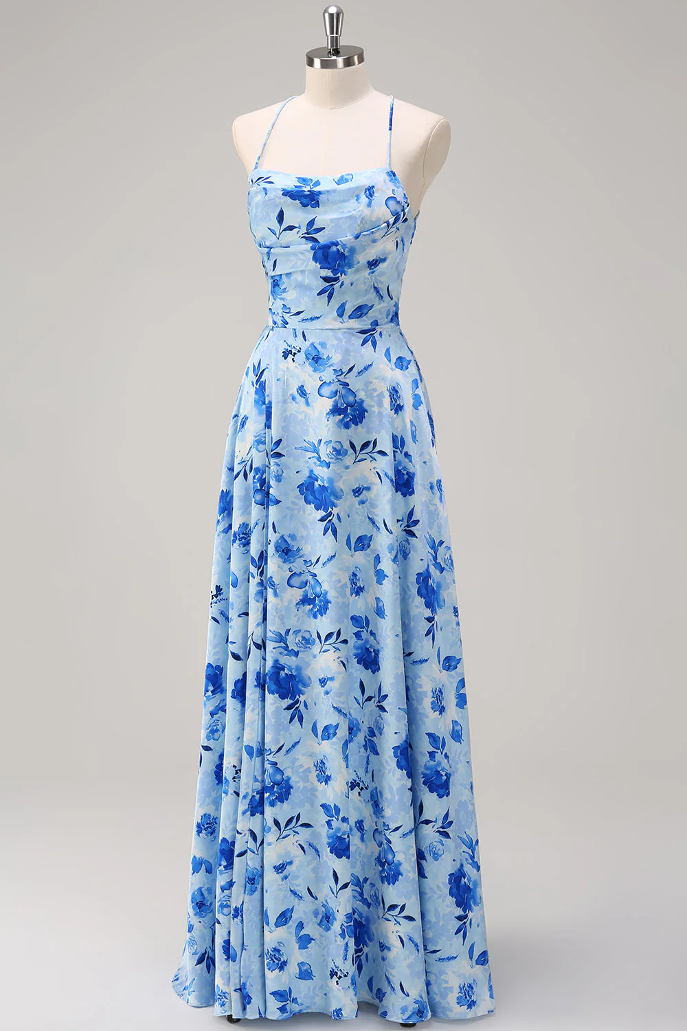 Robe longue de demoiselle d’honneur à bretelles spaghetti florales bleues A-ligne avec fente - Image 3