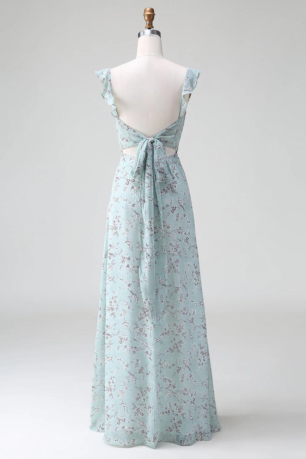 Robe longue de demoiselle d’honneur à imprimé floral gris vert avec fente - Image 2