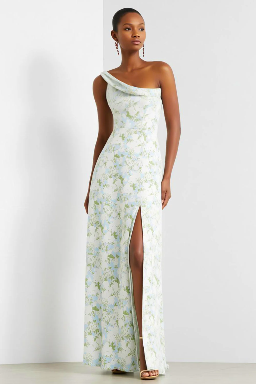 Robe longue de demoiselle d’honneur à motif d’une épaule à motif de fleur bleue-blanche