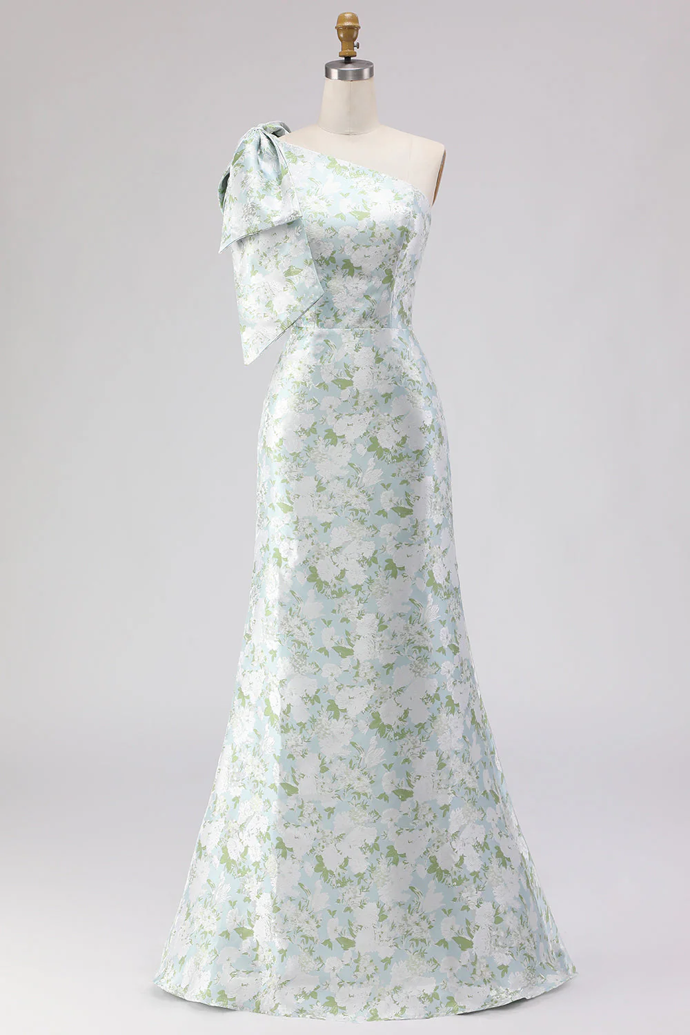 Robe longue de demoiselle d’honneur à motif de fleur blanche bleue et épaule avec un nœud - Image 3