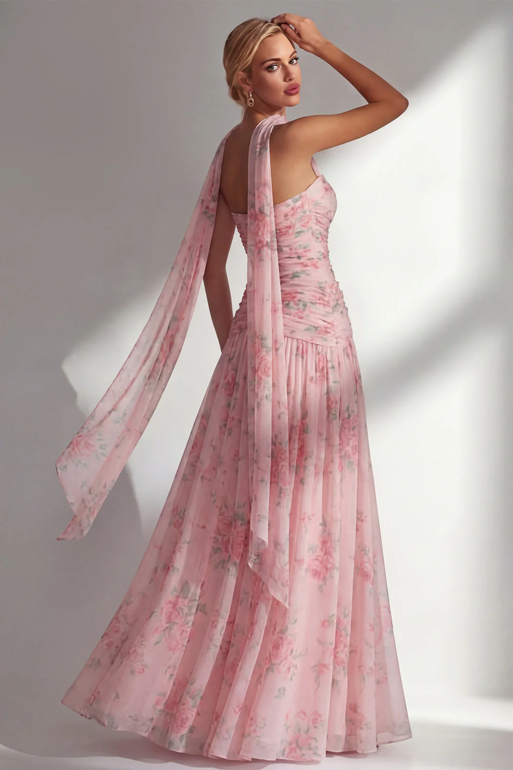 Robe longue de demoiselle d’honneur à motif de fleurs jaunes roses, en chiffon et fête - Image 10