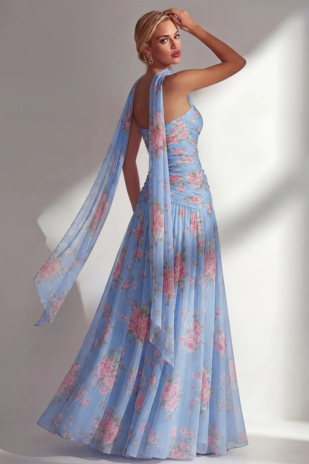 Robe longue de demoiselle d’honneur à motif de fleurs jaunes roses, en chiffon et fête - Image 6