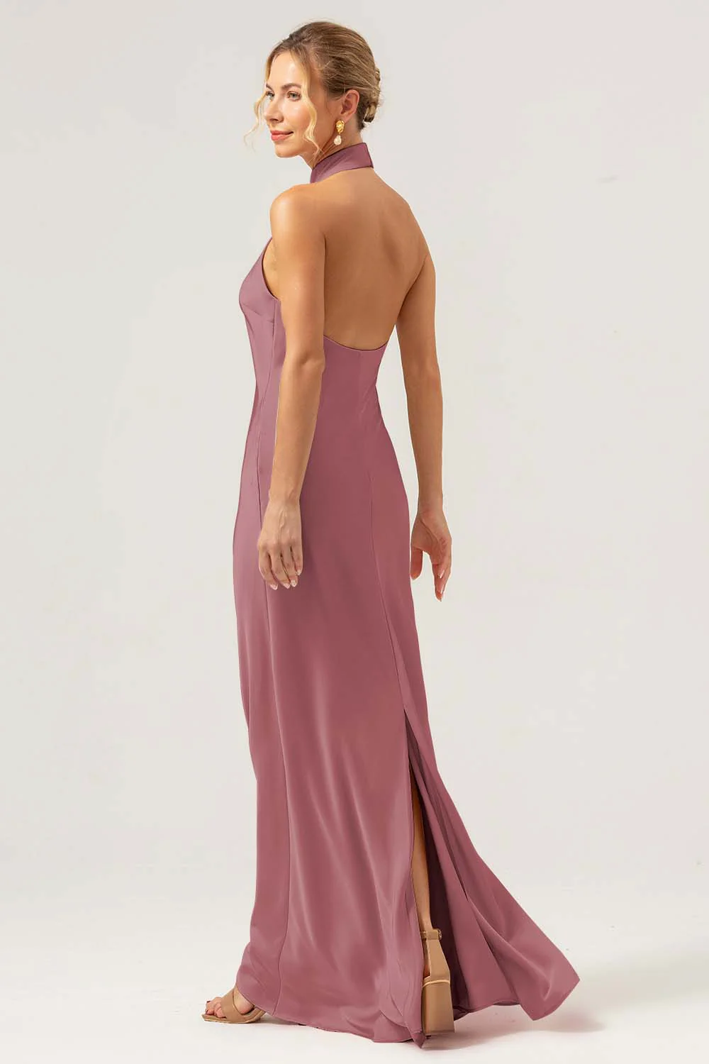 Robe longue de demoiselle d’honneur dos nu fourreau champagne avec fente - Image 10