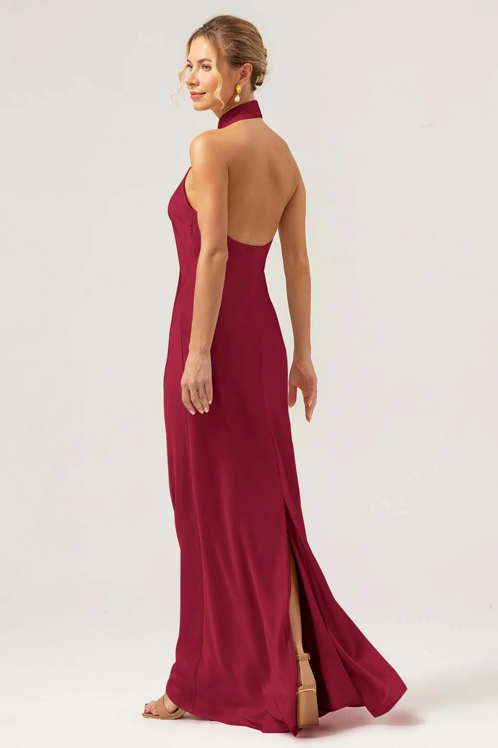 Robe longue de demoiselle d’honneur dos nu fourreau champagne avec fente - Image 14