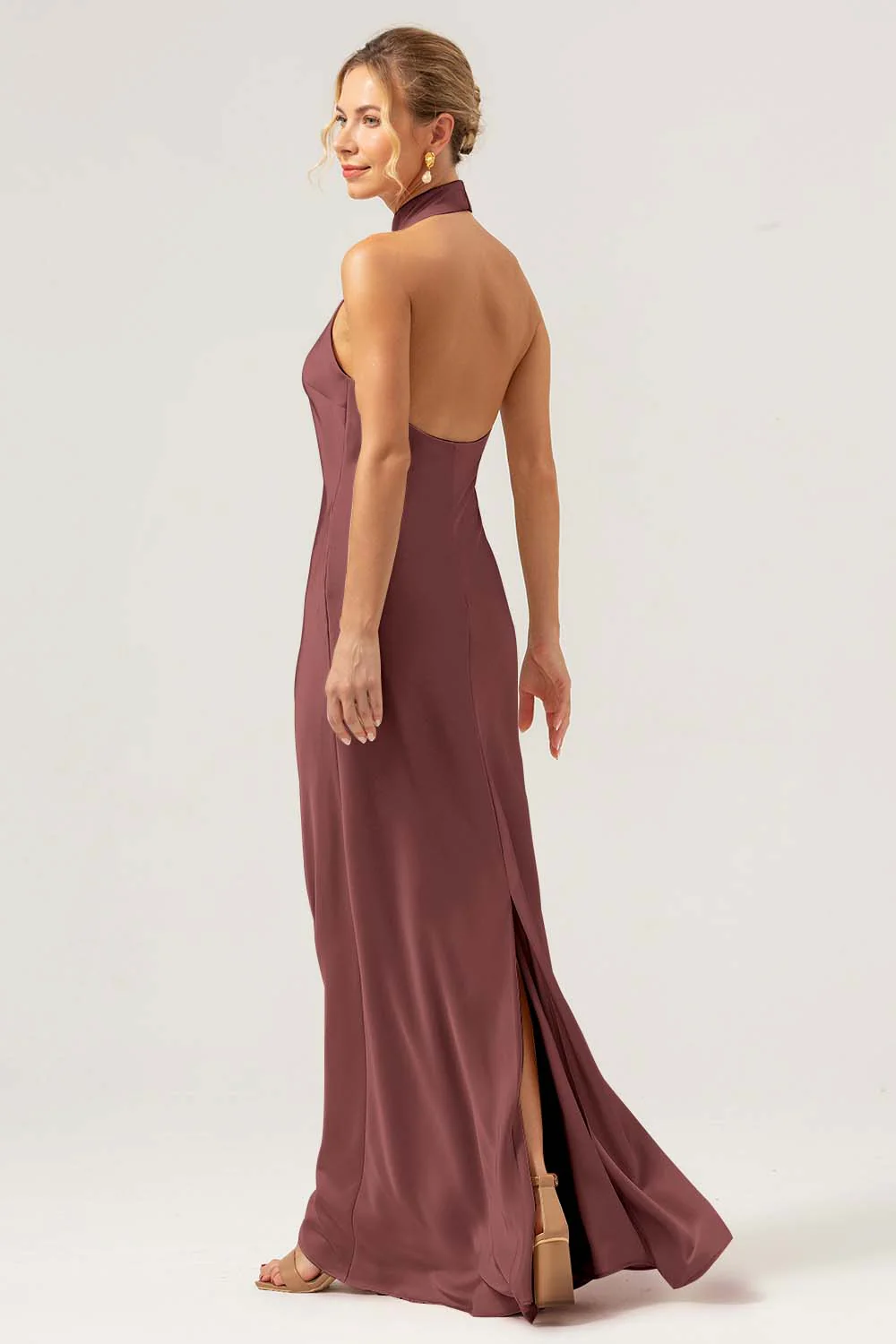Robe longue de demoiselle d’honneur dos nu fourreau champagne avec fente - Image 21
