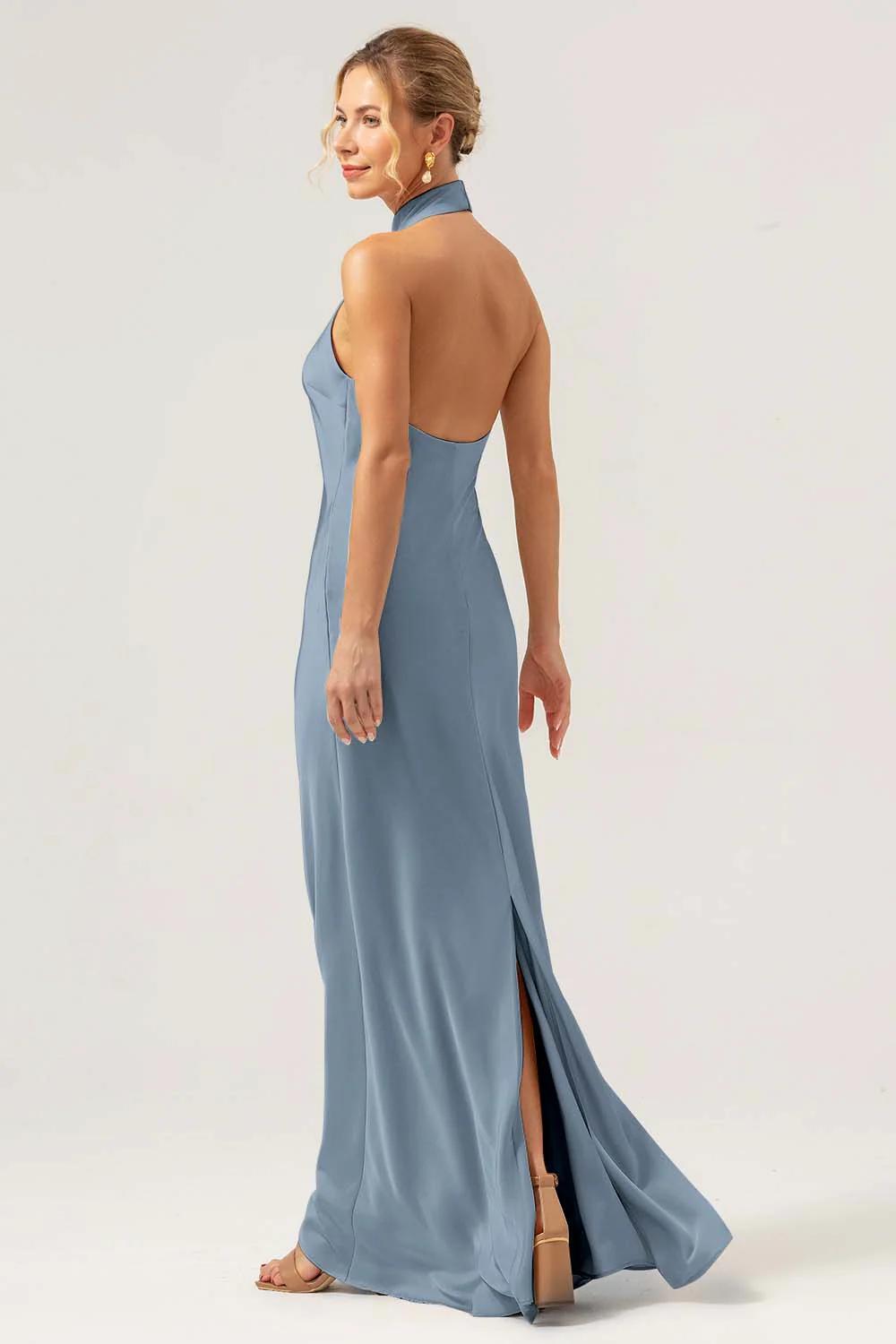 Robe longue de demoiselle d’honneur dos nu fourreau champagne avec fente - Image 24