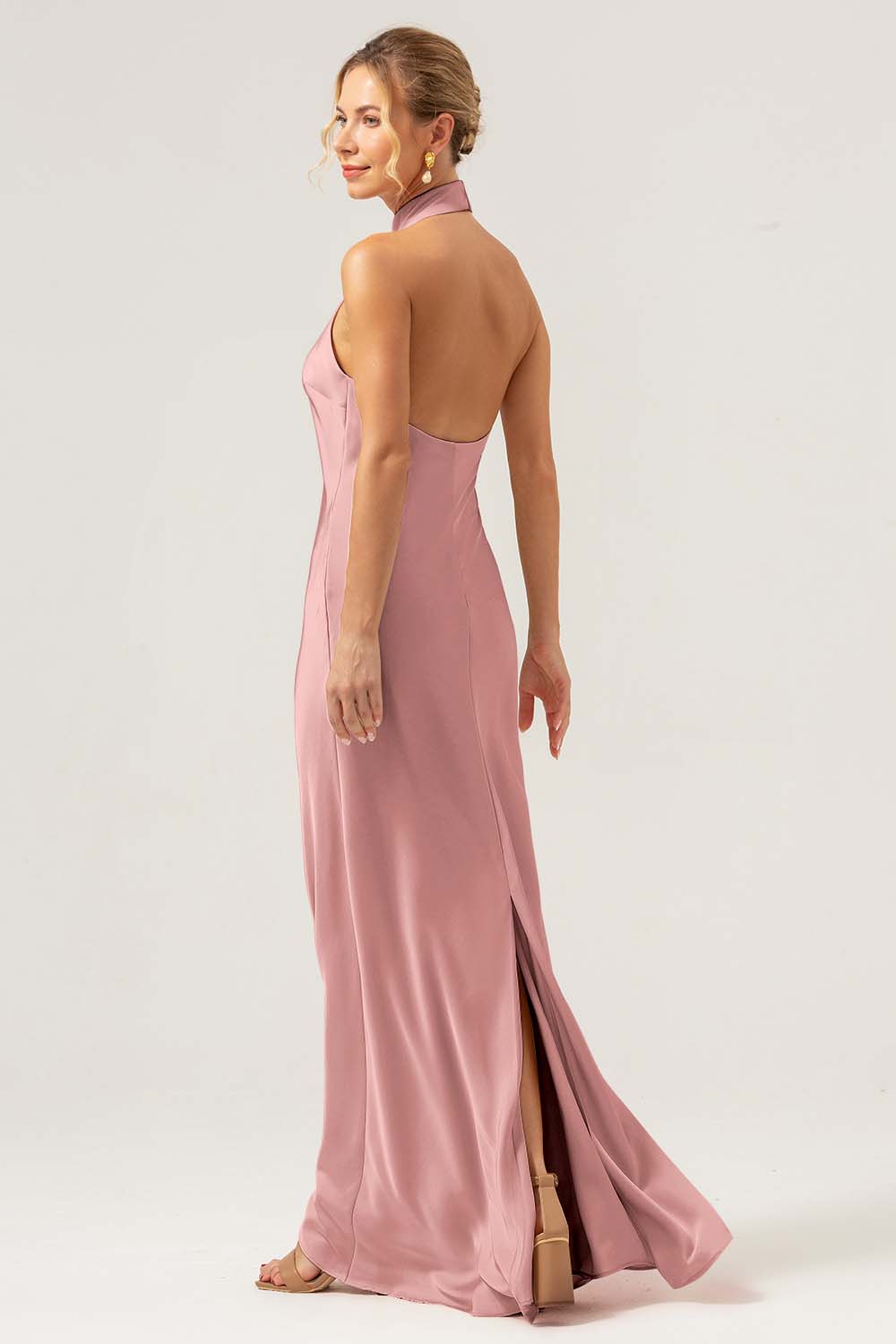 Robe longue de demoiselle d’honneur dos nu fourreau champagne avec fente - Image 26