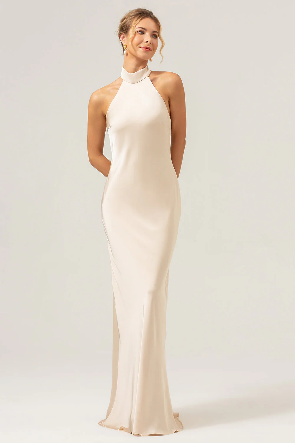 Robe longue de demoiselle d’honneur dos nu fourreau champagne avec fente - Image 3