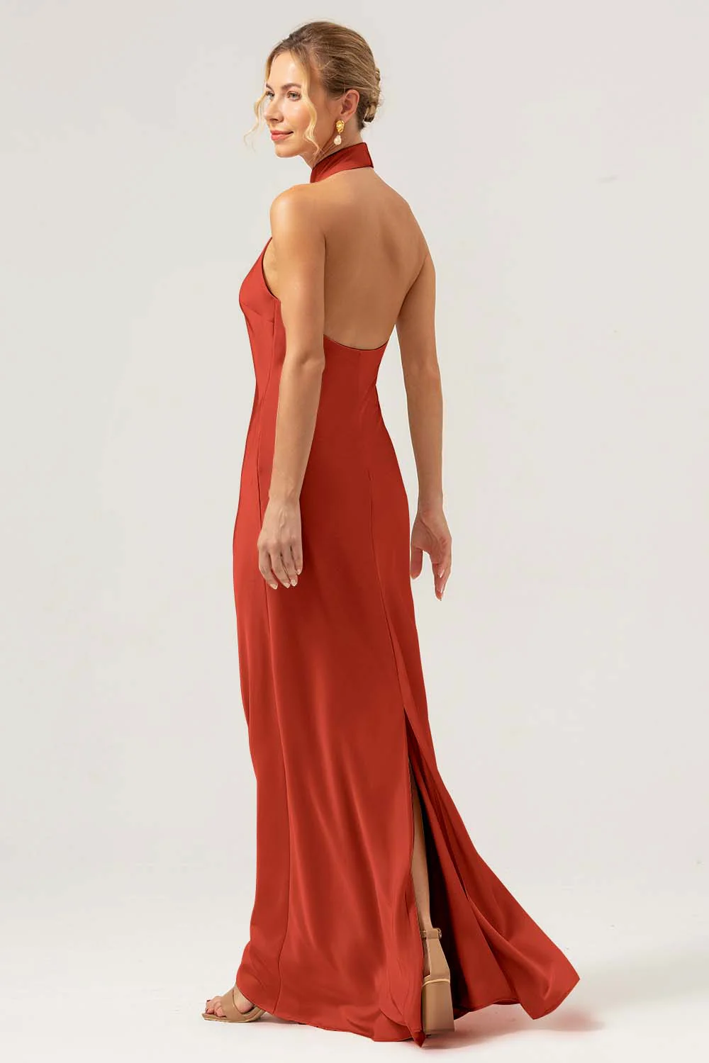 Robe longue de demoiselle d’honneur dos nu fourreau Sauge poussiéreuse avec fente - Image 10