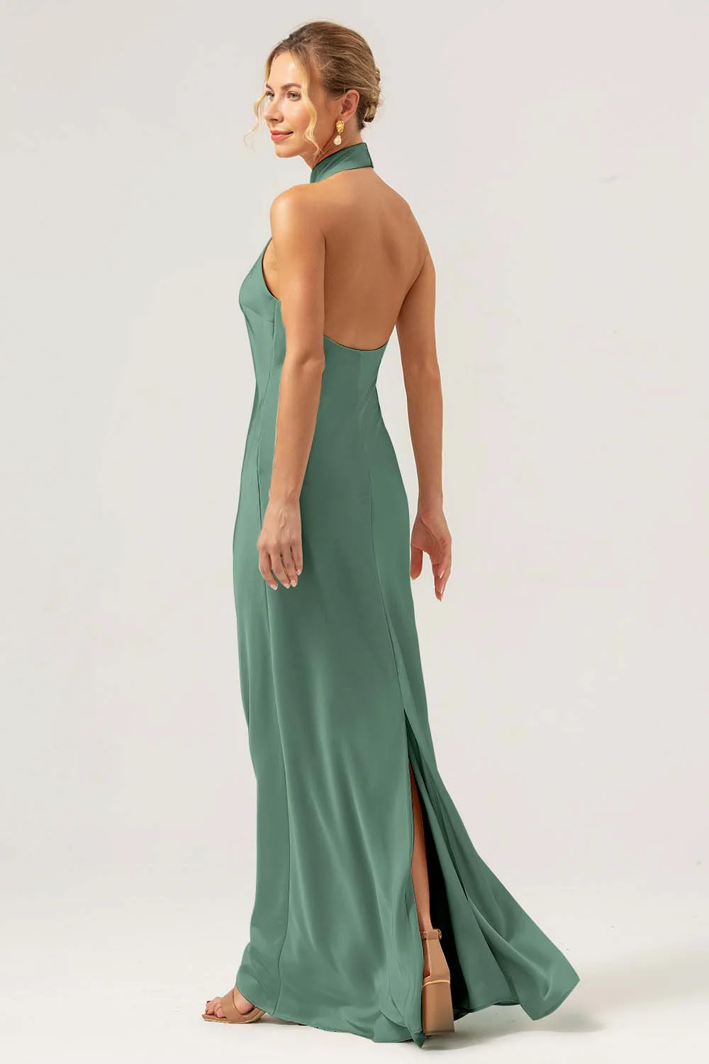 Robe longue de demoiselle d’honneur dos nu fourreau Sauge poussiéreuse avec fente - Image 6