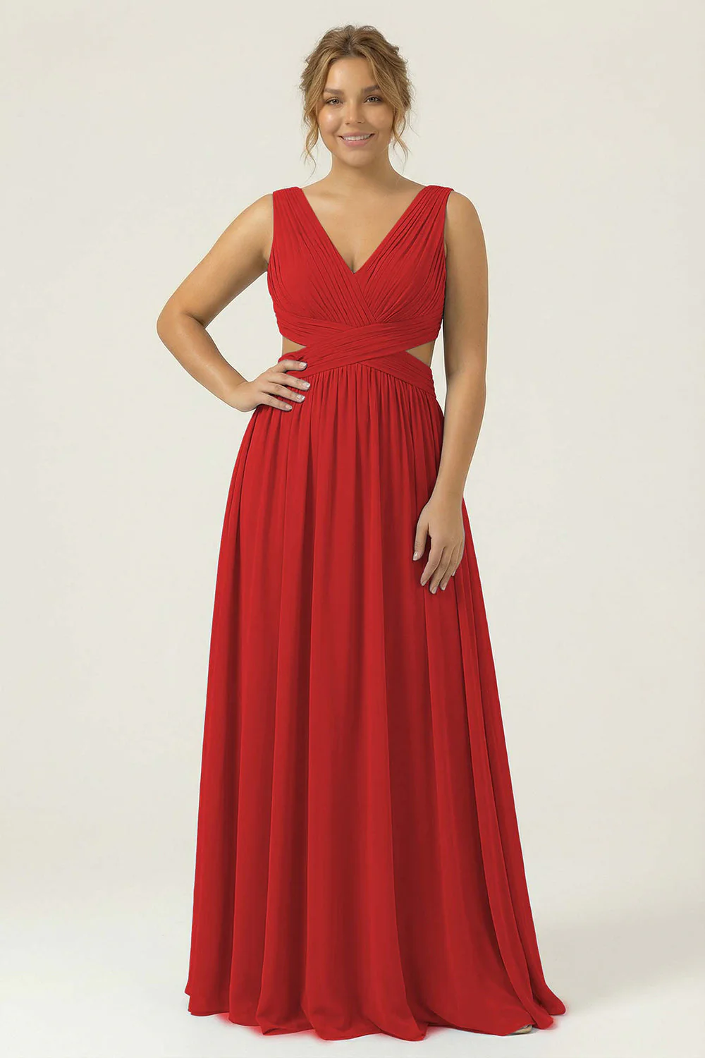 Robe longue de demoiselle d’honneur en mousseline bleue poussiéreuse à col en V avec une longue robe de demoiselle d’honneur en mousseline bleue - Image 10