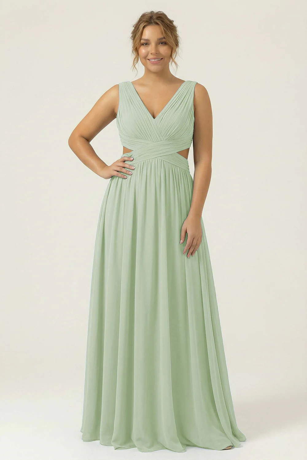 Robe longue de demoiselle d’honneur en mousseline bleue poussiéreuse à col en V avec une longue robe de demoiselle d’honneur en mousseline bleue - Image 11